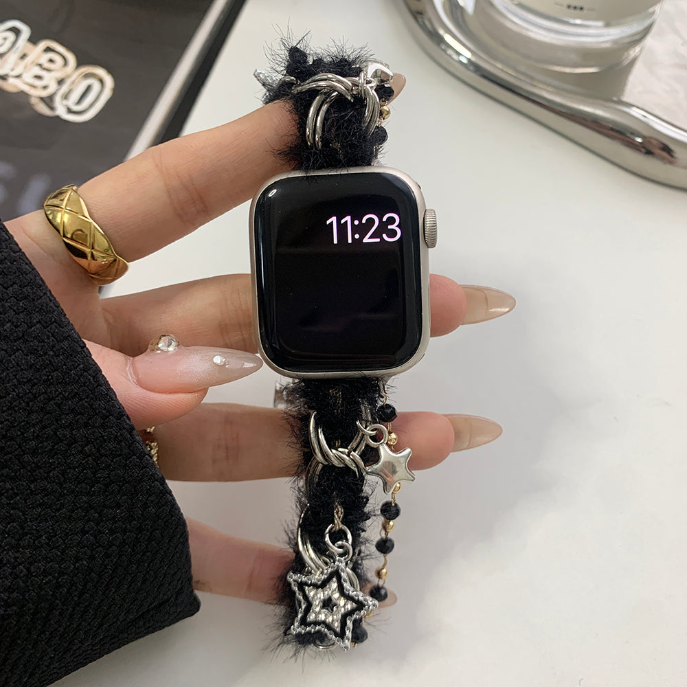 For Apple Watch Series 9 8 7 41mm / 6 5 4 SE (2022) SE (2023) SE 40mm / 3 2 1 38mm Adjustable Plush Watch Strap - Black+Silver For Apple Watch Series 9 8 7 41mm / 6 5 4 SE (2022) SE (2023) SE 40mm / 3 2 1 38mm Adjustable Plush Watch Strap - Black+Silver